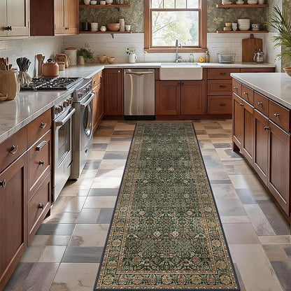Bavni Washable Rug Runners for Hallways-Vintage Runner Rug 2'6''x10 Low Pile Floral Rugs, Non-Slip Indoor Throw Carpet for Living Room Bedroom Kitchen, Dark Green/Multi