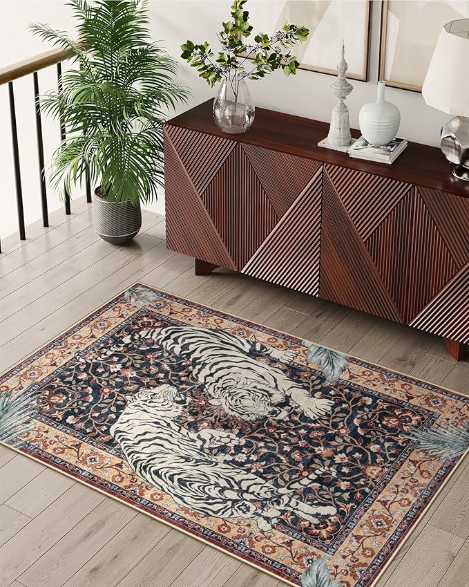 Moynesa Tiger Machine Washable Rug, 3 x 5 Entryway Area Rug Non Slip Vintage Soft Rug for Living Room, Ultra Thin Boho Stain Resistant Kitchen Throw Mat for Entrance Bedside, Puce Red
