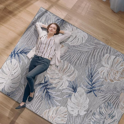 CAMILSON Indoor Outdoor Rug, Blue 4x6 Leaf Tropical Botanical Area Rugs for Indoor and Outdoor patios, Easy-Cleaning Non-Shedding Living Room, Garden and Kitchen Washable Outside Carpet (4 x 6)
