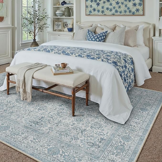 Area Rug 9x12 Blue Washable Living Room Carpet Soft Non Slip Vintage Bedroom Indoor Office Traditional Retro Distressed Large Thicker Throw Rug for Dining Room Playroom