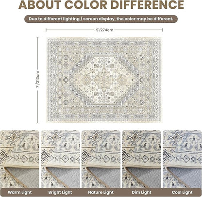 zesthome 7x9 Area Rug, Super Soft Washable Rugs for Living Room, Non-Slip Stain Resistant Vintage Rugs, Ultra-Thin Large Area Rugs (Beige,7'x9')