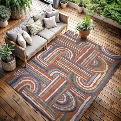 CAMILSON Indoor Outdoor Rug, Orange 9x12 Geometric Arch Striped Large Area Rugs for Patio and Home Areas, Easy-Cleaning Non-Shedding Living Room, Garden and Deck Washable Outside Carpet (9 x 12)