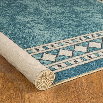 Antep Rugs Alfombras Modern Bordered 3x5 Non-Skid (Non-Slip) Low Profile Pile Rubber Backing Indoor Area Rugs (Blue, 3' x 5')