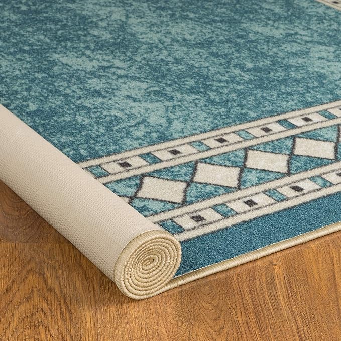 Antep Rugs Alfombras Modern Bordered 5x7 Non-Skid (Non-Slip) Low Profile Pile Rubber Backing Indoor Area Rugs (Blue, 5' x 7')