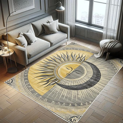 Ambesonne Sun and Moon Decorative Rug, Celestial Esotery Lunar and Solar Characters with Leafy Details Modern, Quality Carpet for Bedroom Dorm and Living Room, 4' X 5' 5", Mustard Purpleblue
