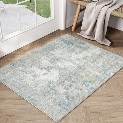 2x3 Washable Area Rug Blue Cream Abstract Entryway Kitchen Throw Rug Neutral Modern Non Slip Soft Low Pile Lightweight Small Carpet for Bathroom Living Room Bedroom