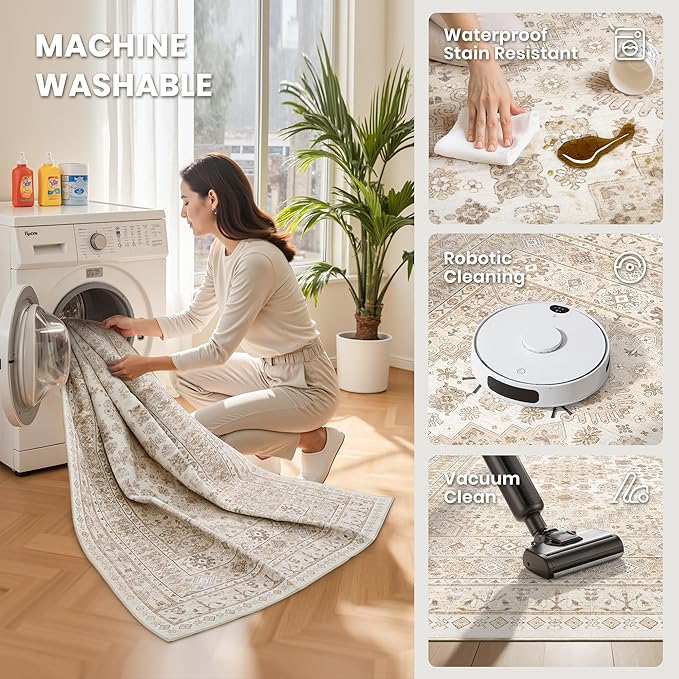 zesthome Washable Runner Rug 2.5x12 - Stain Resistant Entryway Rug,Ultra-Thin Kitchen Rugs, Anti Slip Backing Runner Rugs for Entrance Laundry Room Indoor Hallway (Cream/Beige,2.5'x12')