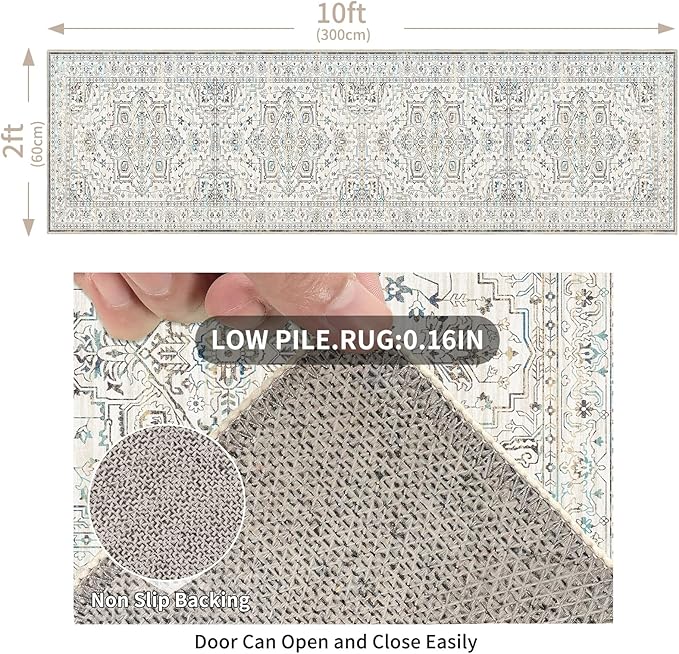 Enkor Runner Rugs for Hallway, 2x10 Washable Soft Non Slip Floor Rugs for Kitchen, Modern Mat for Living Room Bedroom Entryway White & Grey