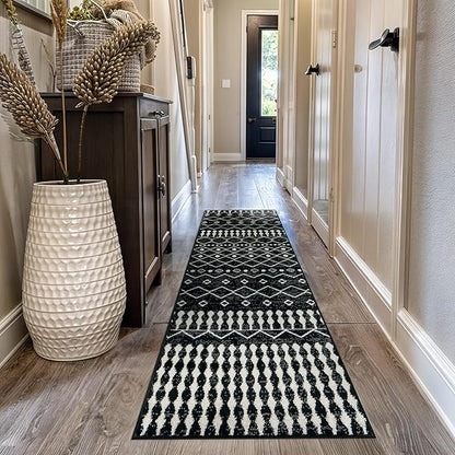 Rugshop Boho Black and White Tribal Area Rug – Geometric Diamond and Stripe Pattern Carpet for Living Room, Bedroom, or Entryway – Soft Modern Bohemian Floor Décor 2' 3" x 12' Runner Black