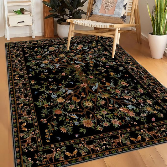 Black Area Rug 3x5 Washable, Non-Slip Small Rug Carpet, Floral Boho Low Pile Soft Throw Rugs for Entryway, Bedroom, Kids Room, Dorm, Office, Nursery, Vintage Home Decor