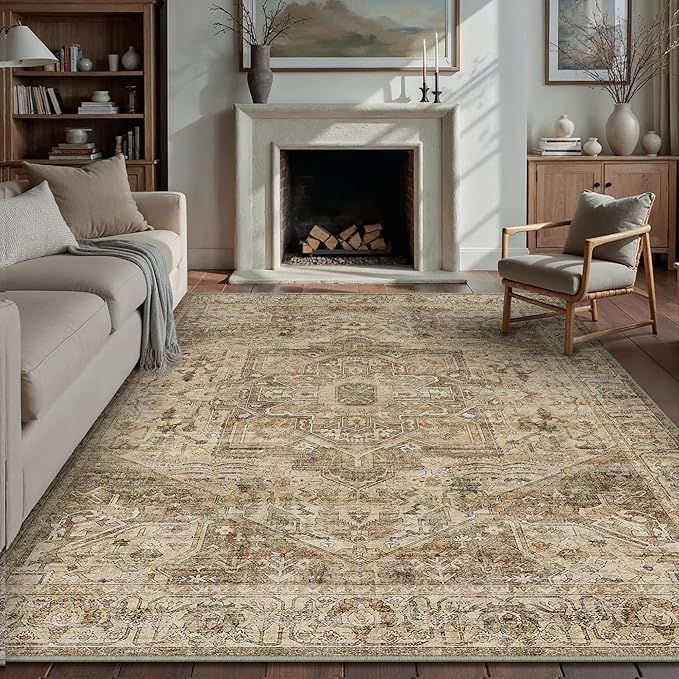 Brown Multi Area Rug 8x10 Vintage Washable Distressed Living Room Carpet Large Indoor Non Slip Traditional Medallion Retro Low Pile Accent Throw Rug Bedroom Kitchen Office Dining Room