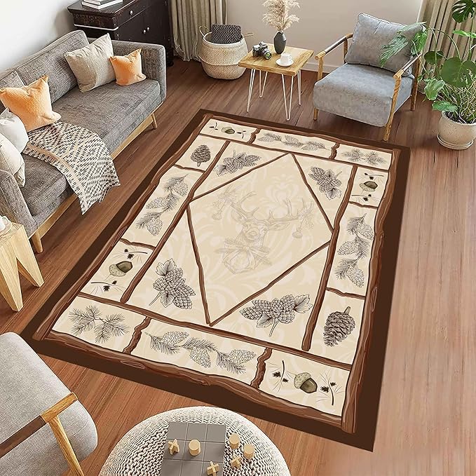 Country Cottage Deer Area Rugs 4x6ft Animal Plant Pine Cone Leaves Branches Patchwork Pattern Featured Indoor Floor Rugs, Vintage Style Non-Slip Non-Shedding Rugs for Farmhouse Office Living Room