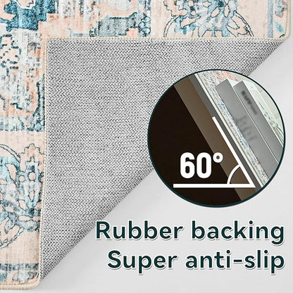 YJ.GWL Area Rugs for Living Room 9x12 Machine Washable Rugs, Non Slip Floral Vintage Rug Indoor Carpet, Stain Resistant Large Rug for Bedroom Dining Room, Dark Blue