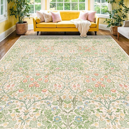 Vintage Washable Beige Green 10x14 Rug for Living Room - Extra Large Area Rug for Dining Room Under Table, Soft Low Pile Carpet for Bedroom - Victorian Forest Floral Design Non-Slip