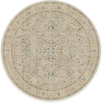 RUGGABLE Washable Vintage Area Rug – Kamran Ivory Opal 8 ft Round, Stain-Resistant, Non-Slip – Large Machine Washable Rugs for Living Room, Bedroom, Hallway, Entryway & Office–with Standard Pad
