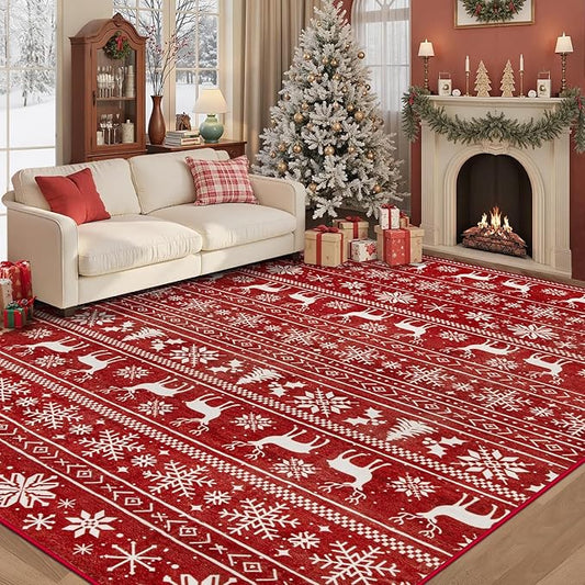 Christmas Rug 6x9 Washable Rugs, Boho Christmas Tree Snowflake Rug Non-Slip Soft Low Pile Non Shedding Indoor Holiday Decor Carpet for Living Room Bedroom Dining Room Home Office (Xmas Red, 6'x9')