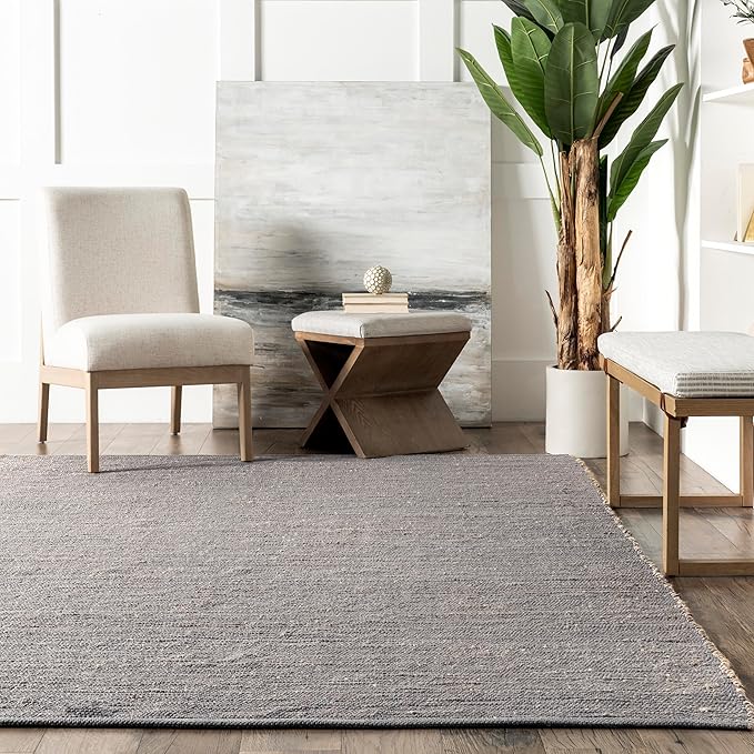 nuLOOM 5x8 Elfriede Jute & Cotton Hand Woven Area Rug, Grey, Solid Rustic Farmhouse Style, Weaved Design, Natural Fiber, For Bedroom, Living Room, Dining Room, Hallway, Office, Entryway