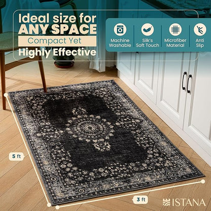 Istana 3x5 Area Rug - Black Modern Rugs for Living Room 3x5 - Foldable Rugs for Bedroom/Living Room Rug - Stain Resistant Washable Rug - Eco-Friendly Small Area Rugs