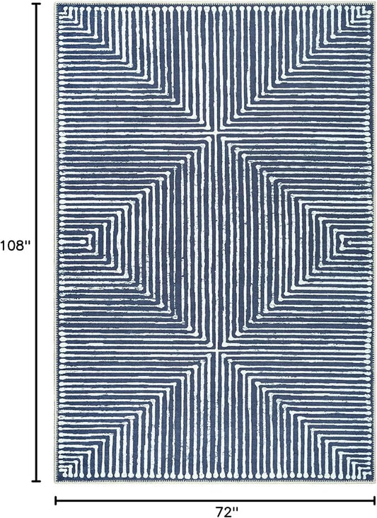 Bloom Rugs Washable Non-Slip 6' x 9' Rug - Blue Striped Area Rug for Living Room, Bedroom, Dining Room, and Kitchen - Exact Size: 6' x 9'