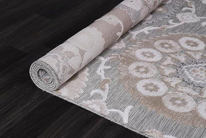 CAMILSON Indoor Outdoor Rug 10x14 Bohemian Medallion Floral Area Rugs for Indoor and Outdoor Patios Easy-Cleaning Non-Shedding Living Room Garden and Kitchen Washable Outside Carpet (10 x 14 / Beige)