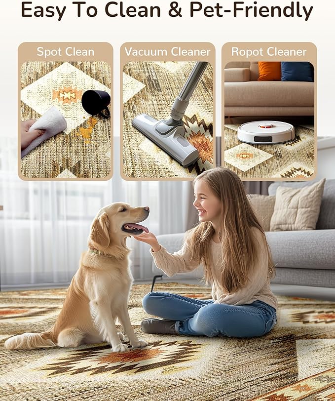 Area Rug 4x6 Rug Machine Washable Non-Slip Low Pile Print Pattern Western Rug for Living Room Bedroom Entryway Tribal Series -Cream/Camel