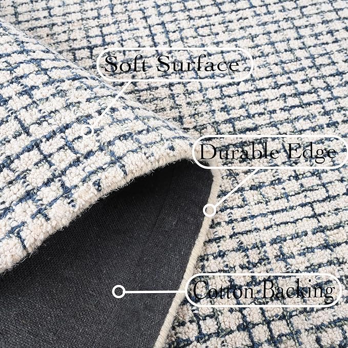 Hand-Tufted 100% Wool Pile Area Rug – Geometric Textured Grid Check Pattern – Thick and Durable Floor Carpet for Bedroom, Living Room, Kids Room, and Dining Area (Ivory, Denim, 5' Round)