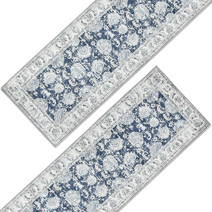 jinchan Fiora Runner Rug 3x10-2pcs Kitchen Washable Vintage Hallway Rug Floral Print Floor Cover Indoor Thin Retro Mat Accent for Bathroom Laundry Room Bedroom Office Farmhouse (Double, Dark Blue)