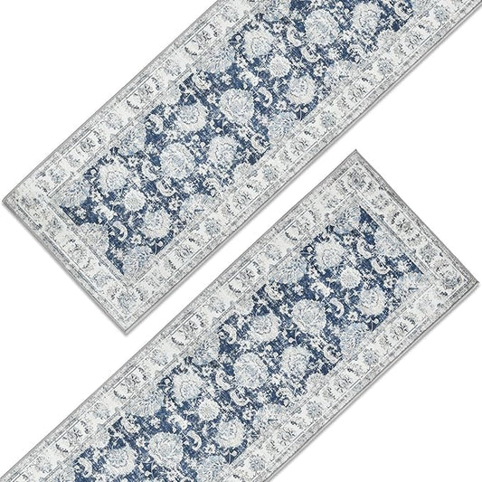 jinchan Fiora Runner Rug 3x10-2pcs Kitchen Washable Vintage Hallway Rug Floral Print Floor Cover Indoor Thin Retro Mat Accent for Bathroom Laundry Room Bedroom Office Farmhouse (Double, Dark Blue)