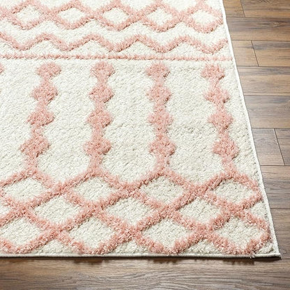 Hauteloom Tilos Moroccan Farmhouse Hallway, Entryway Shag Runner Rug - Shaggy Long Runner Rug - Trellis Pattern - High Plush Pile - Cream, Pink, Beige - 2'7" x 7'3"