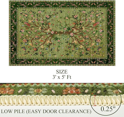 Green Area Rug 3x5 Washable, Non-Slip Small Rug Carpet, Floral Boho Low Pile Soft Throw Rugs for Entryway, Bedroom, Kids Room, Dorm, Office, Nursery, Vintage Home Decor
