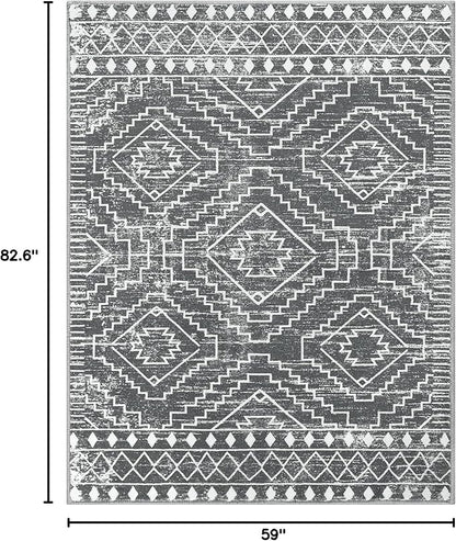 Wonnitar Moroccan 5x7 Washable Rug, Large Grey Area Rug for Living Room, Non-Slip Boho Bedroom Carpet Thin Soft Non-Shedding Farmhouse Rug for Dining Room Table Kitchen Home Office (Dark Grey,5'x7')