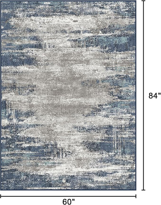 Bavni 5x7 Rug, Abstrcat Machine Washable Rug Non-Slip, Soft Mordern Lightweight Area Rug, Stain Resistant Rugs for Living Room, Bedroom, Dining Room, Blue/Ivory
