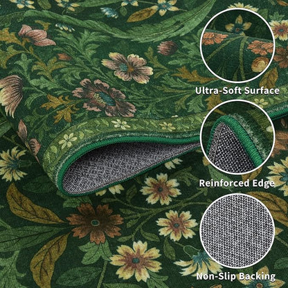 Round Rug 6ft Dark Green Washable Floral Circle Rug,Vintage Boho Botanical Round Area Rugs, Non-Slip Soft Low-Pile Circular Carpet for Bedroom,Kids Room,College Dorm,Home Decor