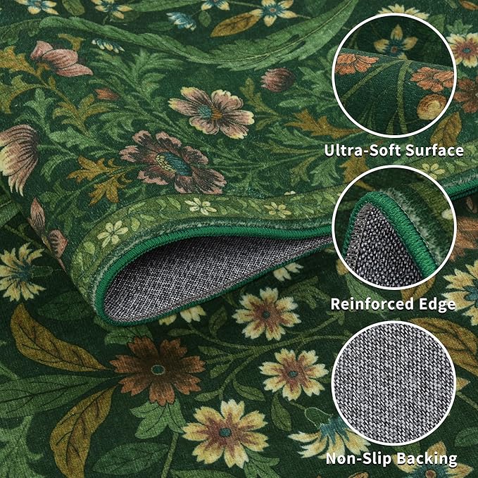 Floral 2x3 Entryway Rug,Washable Front Door Mat Indoor Non Slip Low Pile Small Carpet, Soft Green Boho Botanical Throw Rug for Bathroom Bedroom Kitchen Laundry Indoor Entrance