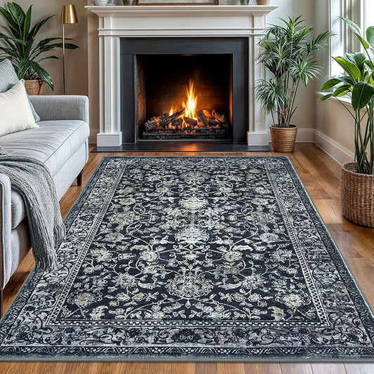 KILOCOCO Area Rug 4x6 Entryway Rug Washable Printed Vintage Floral Rubber Backed Non Slip Indoor Kitchen Rugs for Laundry Room Playroom Bedroom Living Room Moroccan Area Rugs, Navy/Charcoal