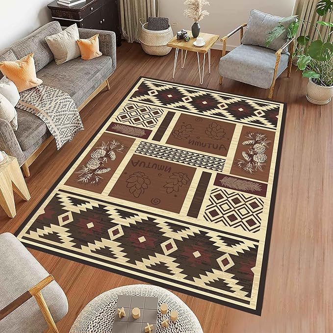 UNREASTO Western Area Rugs 3x5ft Vintage Country Southwestern Native Botanical Farmhouse Rug Floor Mats, Rustic Pine Cone Non-Slip Washable Throw Rugs for Hallway Living Room Bedroom Hardwood Floors