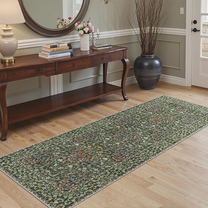 Bavni Floral Hallway Runner Rug 2'6" x 8', Washable Non Skid Boho Carpet for Entryway Kitchen Laundry Room, Soft Ultra Thin Botanical Long Runner for Indoor Floor Decor, Emerald Green
