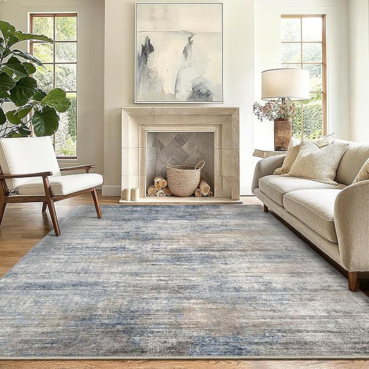 GENIMO Washable Area Rugs for Living Room, 8x10 Modern Non Slip Rugs, Low Pile Lightweight Soft Print Rug for Bedroom, Dining Room, Home Office, Denim Blue Gray