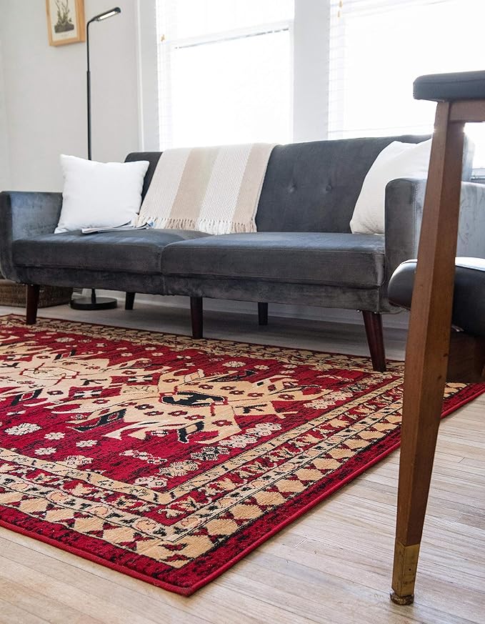 Unique Loom Taftan Collection Border Geometric Tribal Inspired Design Area Rug (8' 0 x 8' 0 Square, Red/ Gold)