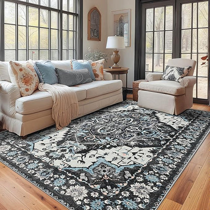 YJ.GWL Area Rugs for Living Room 5x7 Machine Washable Rugs, Non Slip Floral Vintage Rug Indoor Carpet, Stain Resistant Large Rug for Bedroom Dining Room, Black Grey Blue