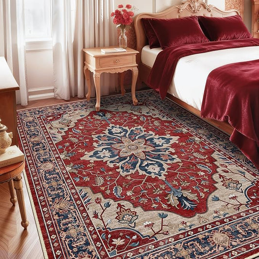 Area Rugs 8'x10' Washable Non-Slip, Floral Vintage Distress Print Pattern Medallion Carpet for Living Room Bedroom Dining Room, Red Blue