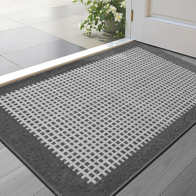 LUMI Inside Door Mat for Entry 17''x30'', Absorbent, Dirt Trapper, Low Profile Thin, Non Slip Mats with Rubber Backing, Ideal for Indoor, High Traffic, Garage, Entrance, Checkered Grey