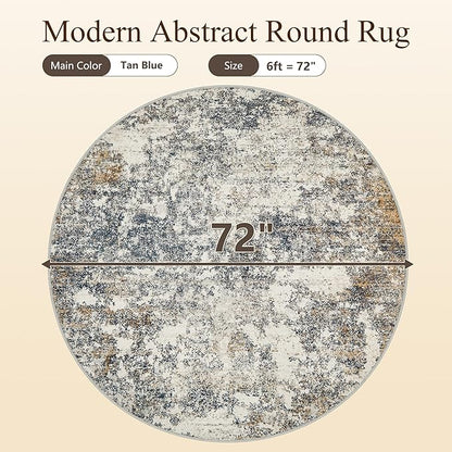 6ft Washable Round Rug - 6x6 Area Rugs Modern Abstract Rugs for Living Room Non-Slip Low Pile Soft Machine Washable Carpet for Bedroom, Living Room, Dining Room, Nursery, Farmhouse (6'x6' Tan Blue)
