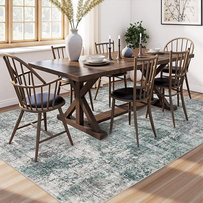 9x12 Area Rug Living Room Rugs - Washable Neutral Modern Abstract Soft Thin Large Rug Indoor Floor No Slip Rug Carpet for Bedroom Under Dining Table Home Office Decor - Green/Grey