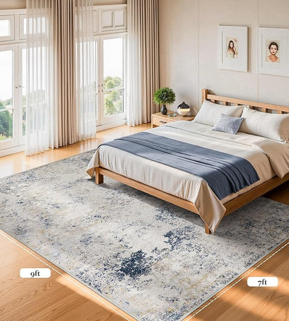 7x9 Washable Area Rugs - Modern Abstract Rugs for Living Room Non-Slip Low Pile Soft Machine Washable Carpet for Bedroom, Dining Room, Nursery, Home Office, Farmhouse (7'x9' Beige Blue)