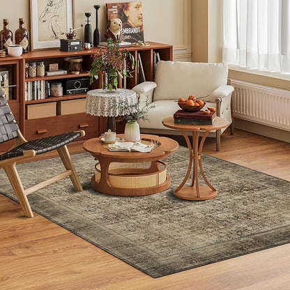 Washable Area Rug 8' x 10' Vintage Traditional Persian Mat - Foldable Distressed Non-Slip Machine Washable Carpet for Living Room Bedroom Kitchen Home Decor - Mocha and Taupe