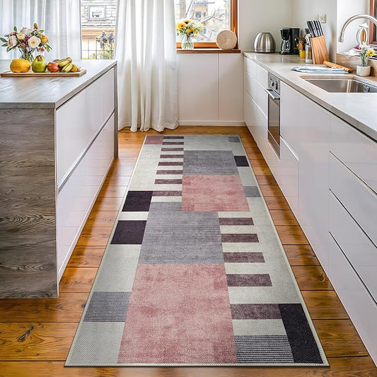 Bloom Rugs Washable Non-Slip 12 ft Runner - Beige/Pink Modern Geometric Runner for Entryway, Hallway, Bathroom, and Kitchen - Exact Size: 2.5' x 12'