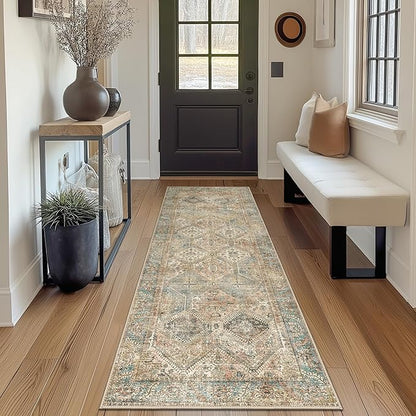 Bavni 2x7 Runner Rug Non Slip, Machine Washable Rug Runners for Hallways, Vintage Distressed Print Kitchen Runner, Low Pile Lightweight Carpet Runner for Entryway Laundry Bedroom Bathroom Wood Brown