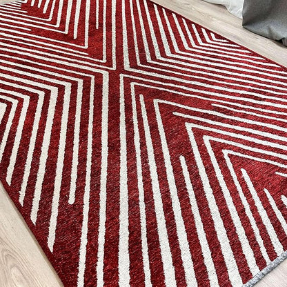 Alfa Rich 7x10 Geometric Red Burgundy Off White Washable Area Rugs for Living Room Bedroom Rug