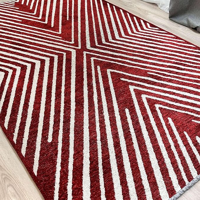 Alfa Rich 3x5 Geometric Red Burgundy Off White Washable Area Rugs for Living Room Bedroom Runner